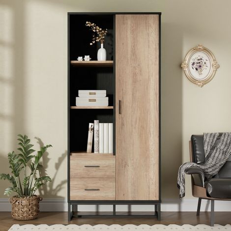 Comanlai - Meuble Buffet Haut Highboard 180 cm Effet Bois - Armoire Salon 1 Porte 2 Tiroirs et Niches Ouvertes (1/5)