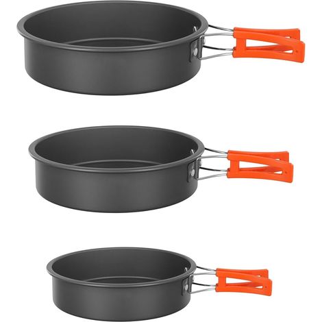 Lot de 3 poêles de camping avec revêtement antiadhésif, tailles 15,5 / 18 / 20 cm, avec manche orange pliable, légères et compactes (1/5)