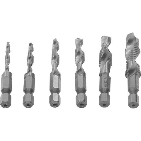 6-teiliges Kombinationsset mit Sechskant-Spiralbohrer, HSS-Gewindebohrern, silbernem Gewindeschneidwerkzeug und 1/4"-Bohrfutter (1/5)