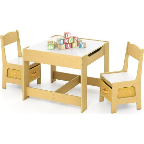 COSTWAY Table Enfant avec Chaise, Petite Table Enfant avec Tableau Amovible à 2 Faces et 2 Boîtes, Bureau avec Rangement Taille Compacte pour Chambre, École (Jaune) (1/5)