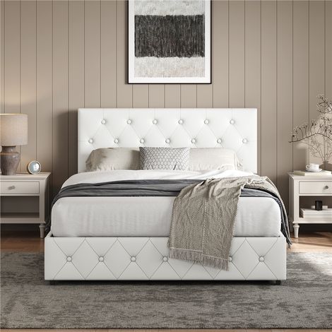 Homevive Estructura de Cama Tapizada con Cajones de Almacenamiento, Cabecero Regulable, Cama con Patas de Madera Maciza y Metal, 140 × 200 cm, Blanco (1/5)
