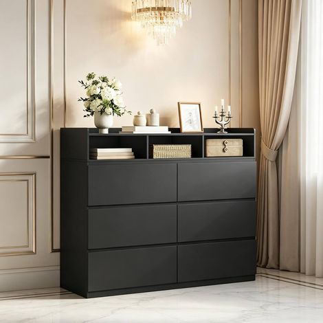 Cómoda 120x40x100 cm de madera negra con 6 cajones y 3 huecos, ahorro de espacio – MEUBLIV (1/5)