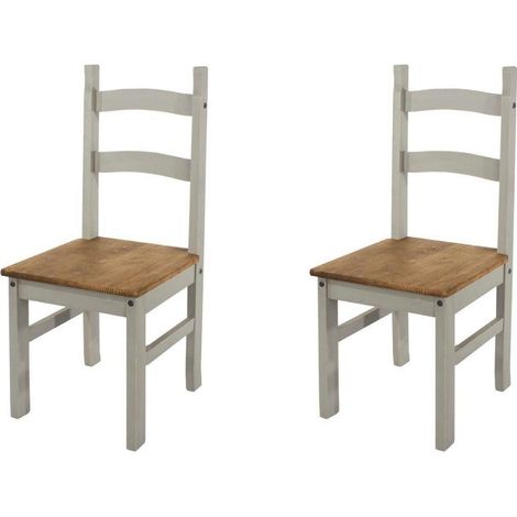 Pair of 2 Dining Chairs Grey Waxed Solid Pine Wood Seat Kitchen Dining Room Set (1/2)