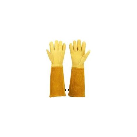 Stulpen-Gartenhandschuhe für Damen und Herren, atmungsaktive Rosenschnitthandschuhe mit dornenfestem Stulpenschutz, lange Ärmel aus strapazierfähigem Rindsleder (L, Gelb) (1/5)