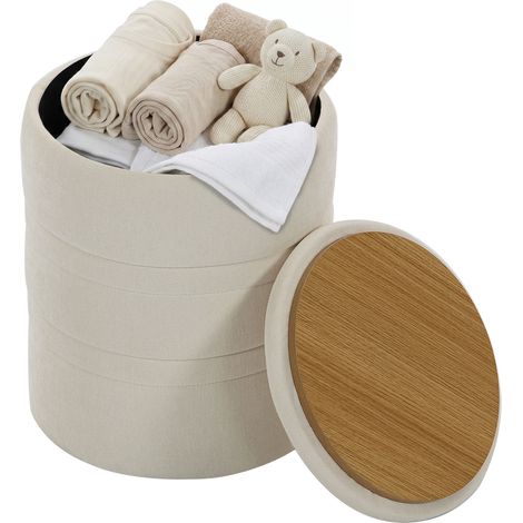 Pouf de Rangement en Chenille avec Couvercle, Tabouret Rond pour Salon et Chambre, Beige (1/4)