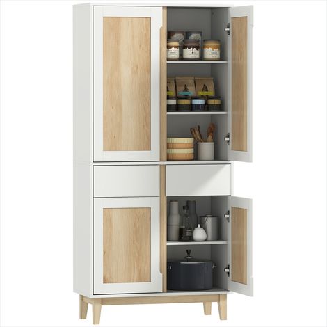 Buffet haut blanc et chêne 80x35x170 cm - 4 portes, 2 tiroirs silencieux, étagères réglables (1/5)
