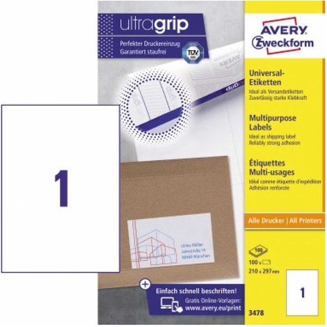 Universaletikett ultragrip 210 x 297 mm (B x H) nicht wieder ablösbar Papier weiß 100 Etik./Pack. (1/5)