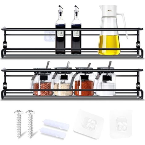 Gogola Lot de 2 étagères à épices murales, pour portes de placard, avec adhésifs et vis, installation sans perçage. Étagère à épices pour murs de cuisine et portes de placard, 29 x 6,5 x 6,5 cm, noir. (1/4)