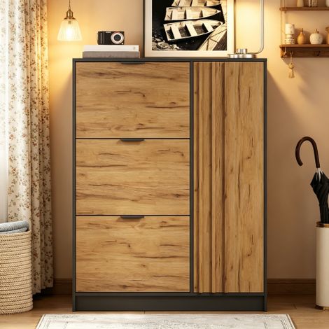 Modernluxe - Meuble à chaussures moderne 100x30x130 cm - avec 3 étagères rabattables et 1 porte - MDF - Couleur naturelle (1/5)