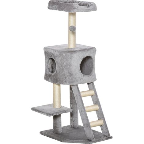 Poste Rascador Con Cueva Para Gatos Y Escalera, Varios Niveles, Sisal Mdf E1, Gris Claro, 60X48X122Cm