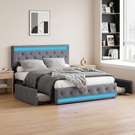Letto 160x200 con rete, 4 cassetti, testata regolabile con LED e USB, tessuto in lino, 2 posti (1/5)