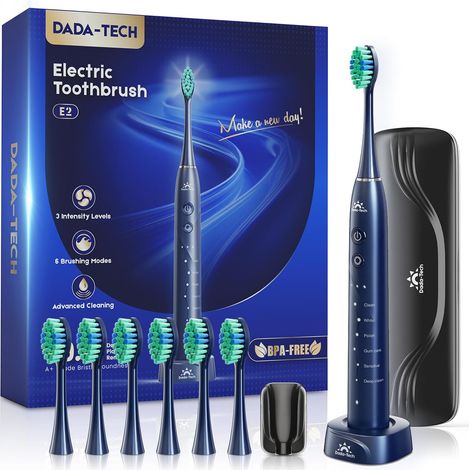 Brosse à dents électrique pour adultes, rechargeable, sonique, avec étui de voyage, support et 7 têtes de brosse, 6 modes et 3 intensités, minuterie de 2 minutes (Bleu) (1/5)