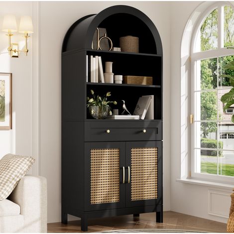 Vetrina 70x40x170 cm con ante in rattan, 3 ripiani, 1 cassetto e 2 ante, colore nero e legno naturale. (1/5)