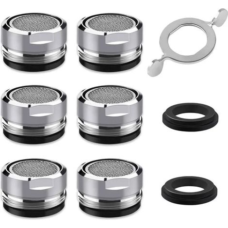 Aérateur de robinet - Filtre de robinet - Lot de 6 - Filetage extérieur 24 mm - Acier inoxydable - Comprend 8 rondelles et 1 clé (1/4)