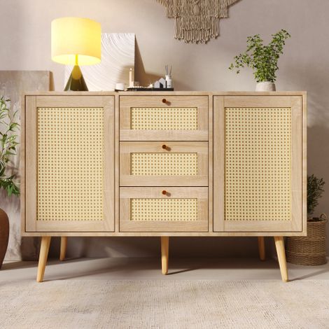 Cómoda con 2 puertas y 3 cajones, ratán roble Sonoma, balda regulable, pies de madera maciza, para salón dormitorio-120 x 82 x 40 cm (An/Al/Pr) (1/5)