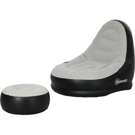 Chaise 125 x 100 x 87 cm système gonflable pouf repose-pieds porte-gobelets gris clair usage camping et maison (1/3)