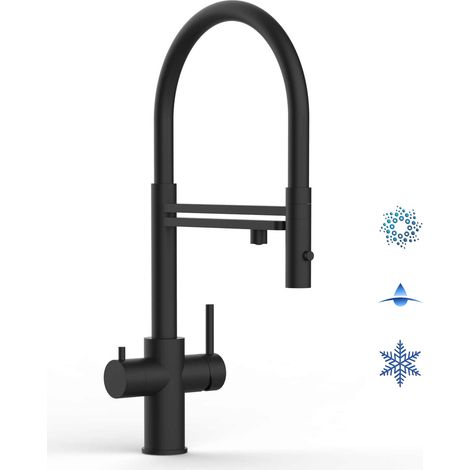 Rubinetto 5 VIE miscelatore lavello cucina in ACCIAIO INOX, canna girevole 360° e doccetta 2 getti movibile, PVD Nero Opaco (1/5)