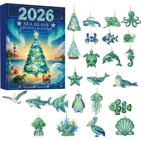 Adventskalender 2026 in Meeresglas-Optik, Überraschungsbox, 24-Tage-Countdown, Acryl-Anhänger, Weihnachtsgeschenkbox, Grünes Meeresmotiv (1/5)