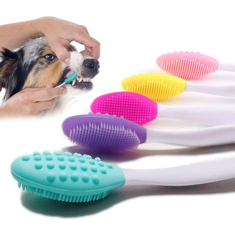 Lot de 5 brosses à Dents pour Chien, Double Face en Silicone Doux Doux avec Manche Long incurvé (1/3)