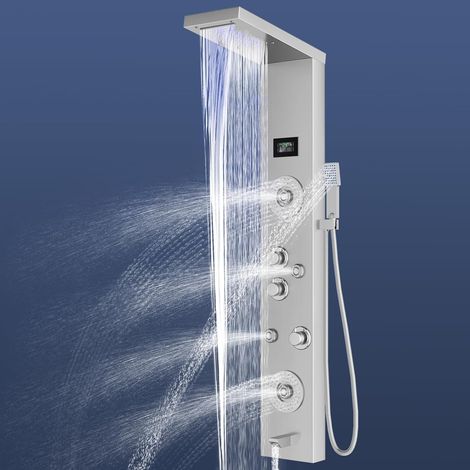 LED Panneau de douche avec robinet, 5 Fonctions, Panneau Colonne Douche Pluie, Jets de Massage, Douchette, Bec de Baignoire et Affichage de la Température con Display LCD per Bagno (1/5)