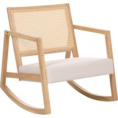 Sillón mecedora tapizado respaldo con trenza vienesa estilo escandinavo estructura de madera de caucho tela marrón claro y beige claro Leidy