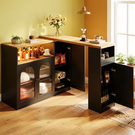 URBAN MEUBLE Table de bar rotative 360° effet bois et noir mat avec porte vitrée et éclairage LED 198x39,6x97cm