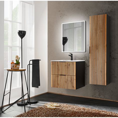 Badmöbel Set Rillen schwarz Waschtisch 61 cm, Hochschrank, LED Spiegel XANTEN-56 in anthrazit mit Eiche Nb. Rillen schwarz, B/H/T: ca. 111/200/46 cm (1/5)