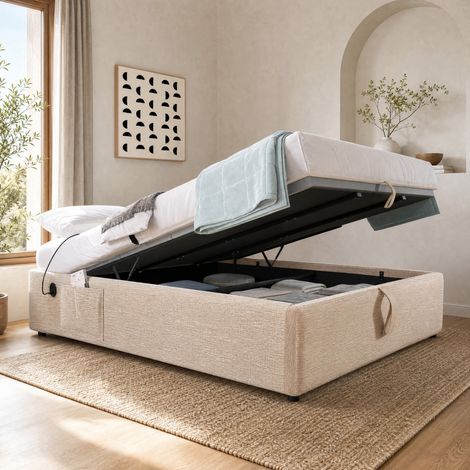 FLORAGRACE Lit coffre 160x200 cm en lin beige, cadre de lit rembourré sans tête avec ports USB et Type-C (1/5)