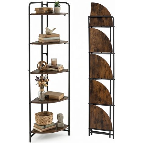 Étagère d'Angle Pliable à 5 Niveaux avec Étagères Ouvertes, Cadre Métallique, Dispositifs Anti-basculement, pour Salon, Bureau, 34 x 34 x 151 cm (1/5)