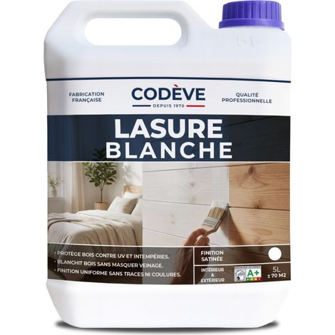 Codève Bois – Lasure extérieure blanche satinée 5 L – Protection durable contre UV et humidité – Pour bois intérieur et extérieur – Séchage rapide