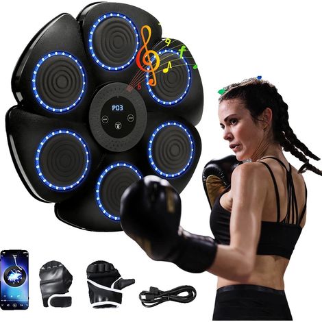 Máquina de boxeo musical, conectividad Bluetooth, efectos de iluminación RGB, guantes negros de medio dedo. (1/2)
