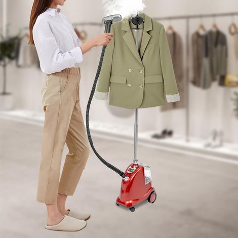 Stehender Dampfer für Kleidung Professioneller 2200W E-Steamer Dampfglätter Vertikaler Dampfbügler mit 3L Wassertank Höhenverstellbarer Kleidungsdampfer mit Rollen Rot (1/5)