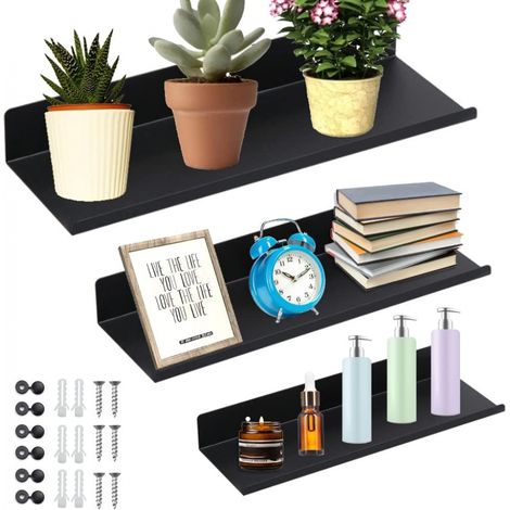 Tablettes Flottantes en Space Aluminum 20/30/40cm Étagère Murale Noire pour Salon Chambre Salle de Bain Cuisine 20/30 3 pcs 40cm Noir (1/4)