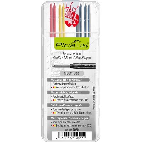 Mine de rechange Pica Dry rouge, jaune, graphite étui de 10 Pica