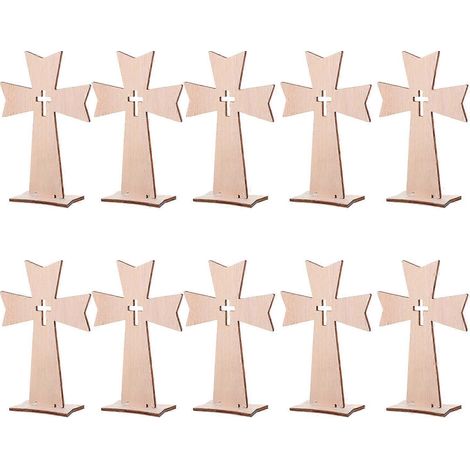 Lot de 10 croix en bois, ornements catholiques compatibles avec les loisirs créatifs, décoration en bois beige.