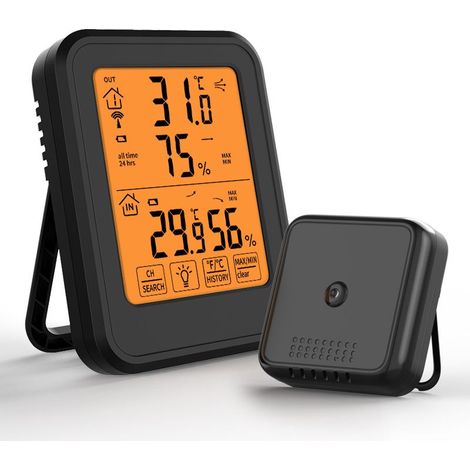 Schwarzes digitales Thermometer-Hygrometer, Innen- und Außenthermometer-Hygrometer mit drahtlosem Außensensor, LCD-Hintergrundbeleuchtung (℃/℉), geeignet für Büro, Zuhause und Schlafzimmer (1/3)