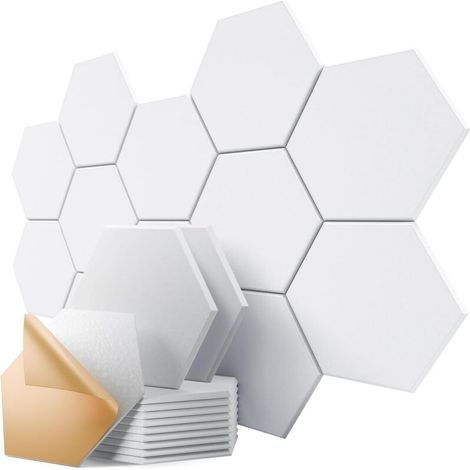Lot de 12 panneaux acoustiques autocollants – Diamètre 36 cm – Design hexagonal élégant – Ignifuge – (Blanc pur) (1/5)