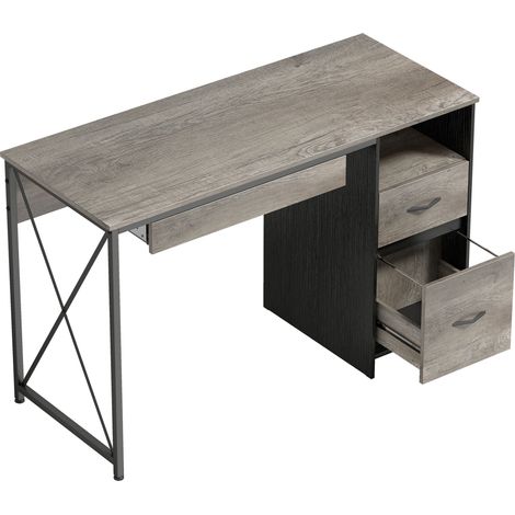 Bureau informatique 120x50cm avec rangement, tiroirs et plateau clavier, compartiment ouvert, gris (1/5)