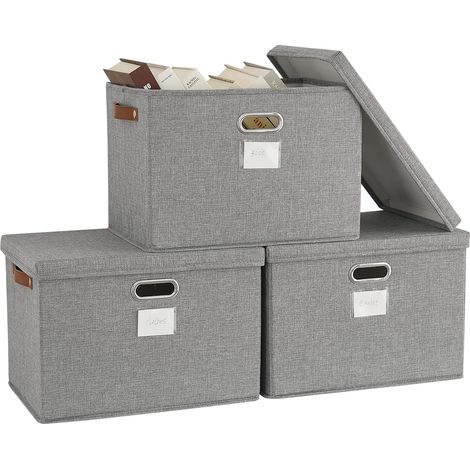 Lot de 3 boîtes de rangement avec couvercle, pliables, en tissu, grandes, empilables, pour étagères, organisateur pour vêtements, garde-robe, couleur gris, décoratives, 43 x 30 x 30 cm