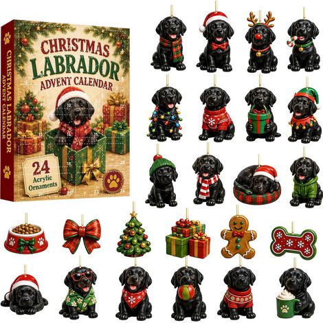 Überraschungsbox mit 24-tägigem Weihnachtscountdown Acryl-Ornamente mit „Schwarzer Hund“-Motiv – Festliche Geschenkbox mit Weihnachtsbaumschmuck (1/3)