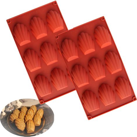 Set of 2 Cake Molds, Silicone Cake Molds, 9 Hole Madeleine Mold, Non-Stick Cake Mold, Suitable for Chocolate Mousse Cakes (Red) (1/5)
