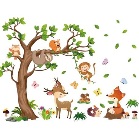 Adesivi murali giungla foresta animali albero - adesivi murali safari zoo bradipo cervo sika scoiattolo - adesivi murali cameretta bambini camera da letto decorazione murale (1/5)
