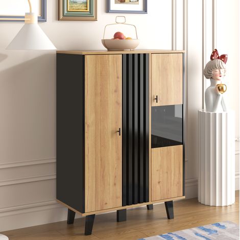 Vitrine Sideboard aus Spanplatte in Holzoptik und Schwarz 80 x 40 x 120 cm, 2 Glastüren mit LED, 3 Einlegeböden (1/5)