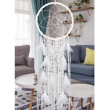 YMYNY Großer Traumfänger mit weißen Federn und Glöckchen, Traumfänger, Boho-Makramee, Wandbehang, Heimdekoration, Weihnachtsbasteldekoration, Geschenk (weiß) (1/4)