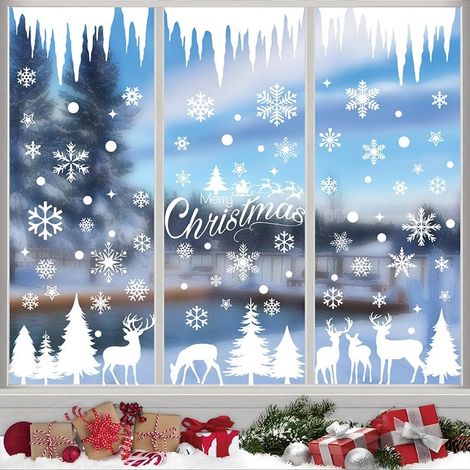 Set mit 9 Bögen Weihnachtsfensteraufklebern - Schneeflocken und Eiszapfen - Doppelseitig - Statisch haftend - Für Glasfenster - Weihnachtsdekoration (9 Bögen, 20 x 30 cm)