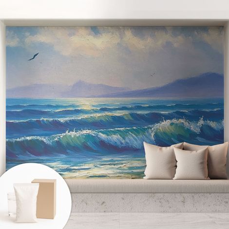 Papier peint intissé mural classique avec imprimé motifs décoratifs design élégant non‑tissé Vagues marines 208x146 cm (1/5)