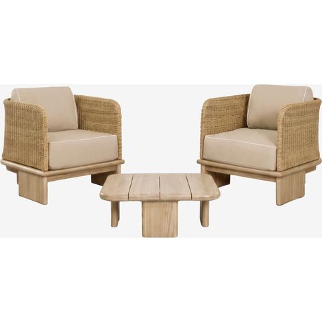 Conjunto de jardín con 2 sillones y mesa de centro cuadrada 70x70 cm en ratán y madera de acacia Famara SKLUM        (1/5)