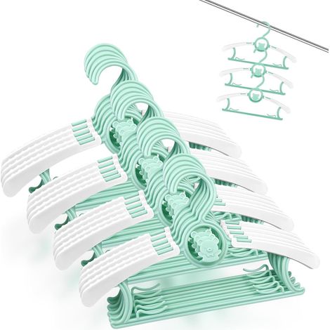20er-Pack erweiterbare Kinder-Kleiderbügel aus Kunststoff, mit stapelbaren Bärenhaken, rutschfesten Kleiderbügeln für Babykleidung und Babygarderobe (grün)