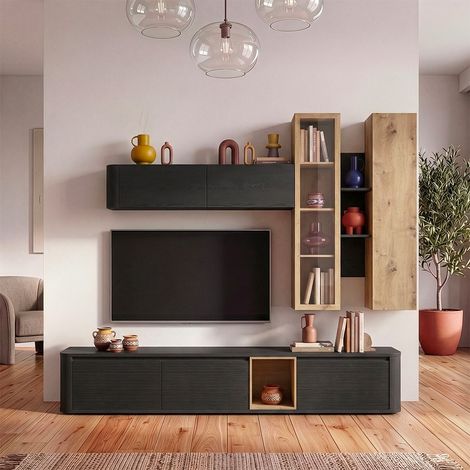 Soggiorno parete attrezzata Core grande con porta TV e pensili rovere e nero (1/5)