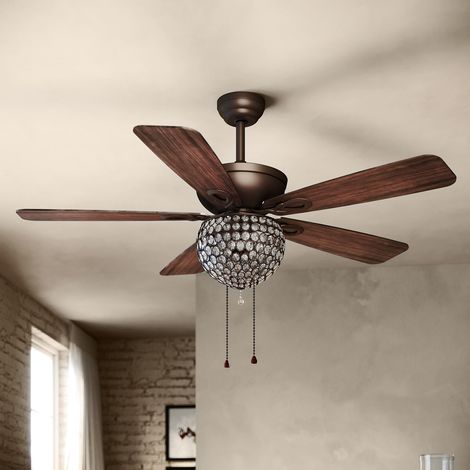 SONNI Ventilador de Techo con Luz Cristal E14 y Tirador de Cadena,5 Aspas Reversibles Color Nogal 3 Velocidades 132cm (1/5)